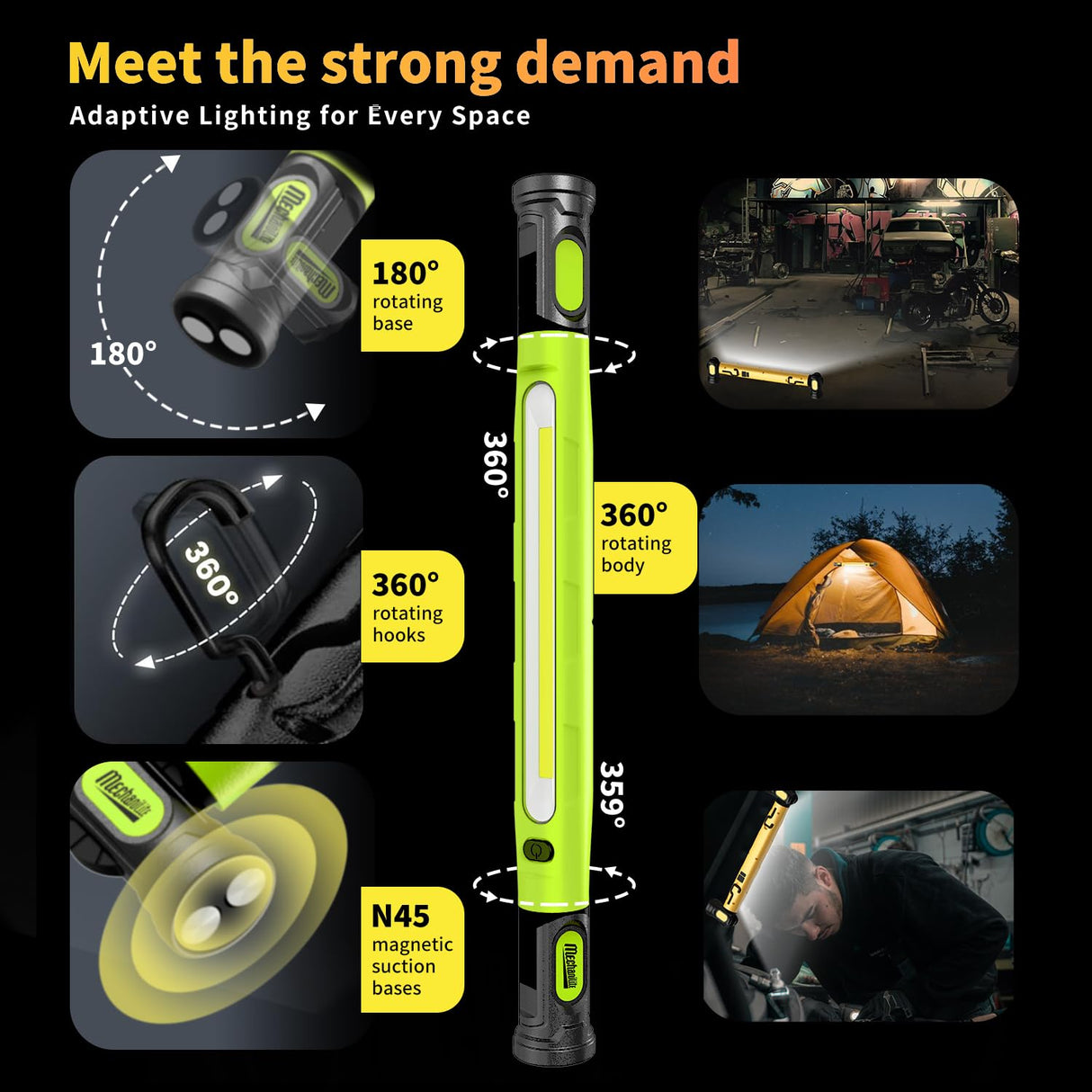 MechaniLite Under Hood Work Light Bar, 3000LM LED Magnetic Light Bar with Hooks, 5200mAh Cordless Rechargeable Hood Light Easter Birthday Gifts for Men/Mechanic/Car Repairing/Garage-Green(1 Pack)