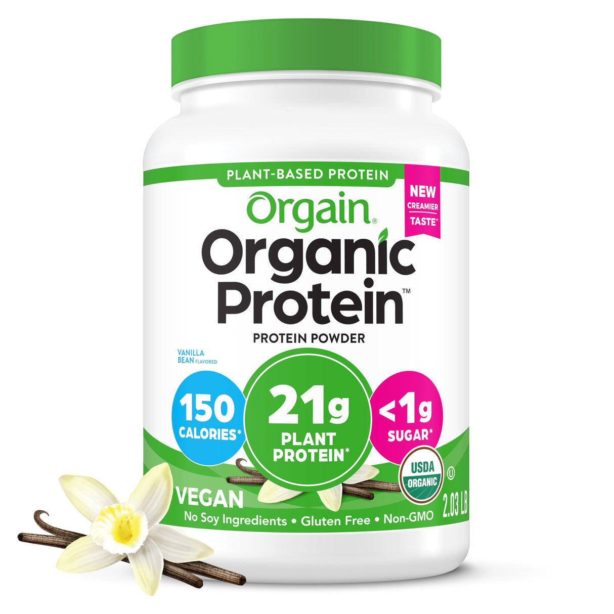 Orgain Organic Vegan Protein Powder, Vanilla Bean - 21g Plant Protein, 4g Prebiotic Fiber, No Lactose Ingredients, No Added Sugar, Non-GMO, For Shakes & Smoothies, 2.03 lb (Packaging May Vary)
