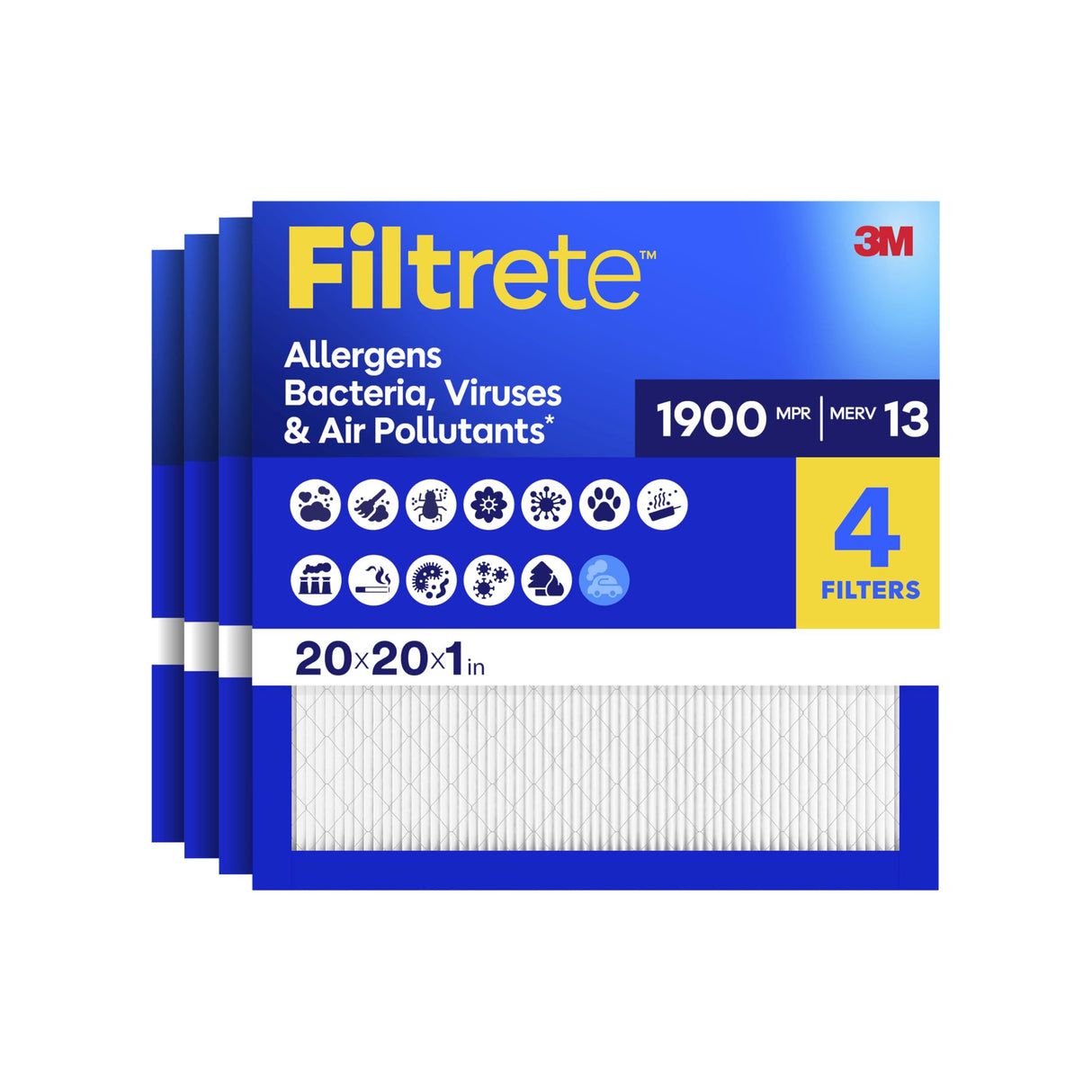 Filtrete 20x20x1 Air Filter, MERV 13 MPR 1900, Allergens, Bacteria, Viruses & Air Pollutants, 3-Month AC/Furnace Filters, Cleaner Air Reliable Airflow, 4 HVAC Filters(Act Size 19.62x19.62x0.78 in)
