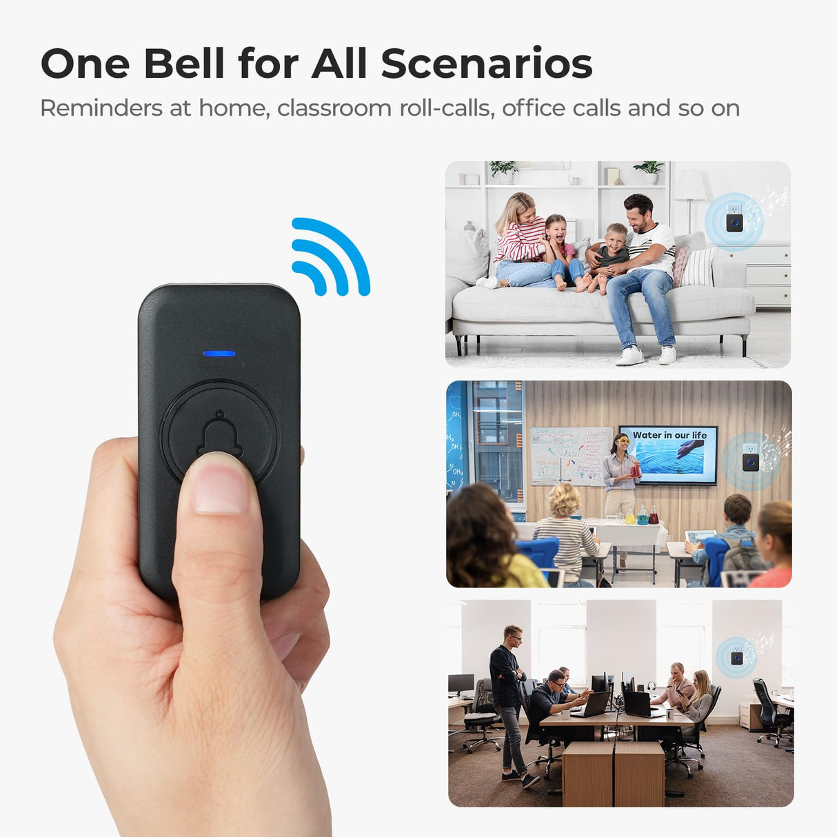 FOVKSUC Wireless Doorbell, Waterproof Door Bell with 60 Chimes, 5 Volume Levels & Mute Mode, Loud Door Bell Ringer Wireless for Home Classroom Office (2 Receiver & 2 Button, Black, U.S. Plug)