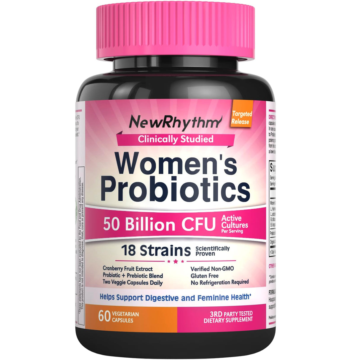 NewRhythm Women's Probiotics, Organic Cranberry for Women's Vaginal Health, 50 Billion CFU 18 Strains, Probiotics and Prebiotics, Support Digestive Health, 60 Vegan Capsules