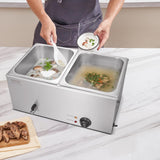 VEVOR 110V 2-Pan Commercial Food Warmer 1200W Electric Steam Table 15cm/6inch Deep Stainless Steel Bain Marie 24 Quart for Buffet Catering, Silver