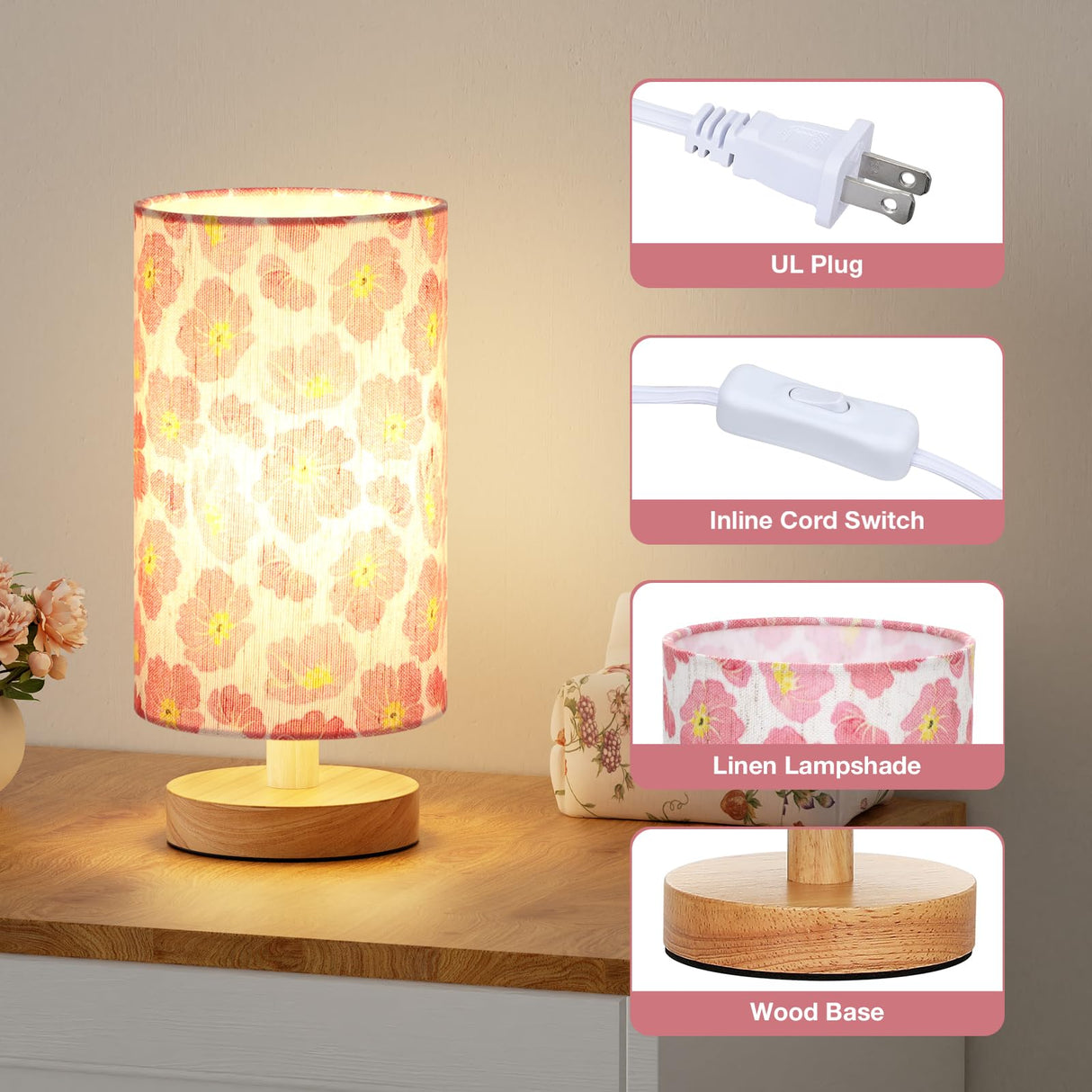 Fenmzee Cherry Table Lamp for Bedroom - Inline Control, Small Bedside Lamp with 3000K A15 LED Blub, Easy Assembly (Cherry Cream Shade, 9" Inline Control)