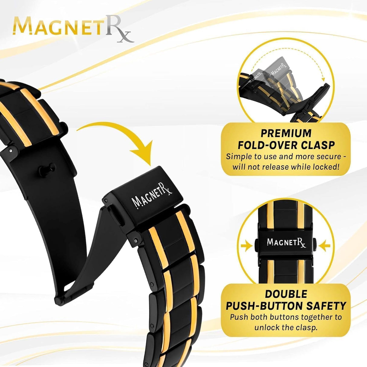 MagnetRX® 3X Strength Titanium Magnetic Bracelet – Magnetic Bracelets for Men – Premium Fold-Over Clasp and Adjustable Length with Sizing Tool (Black/Gold)