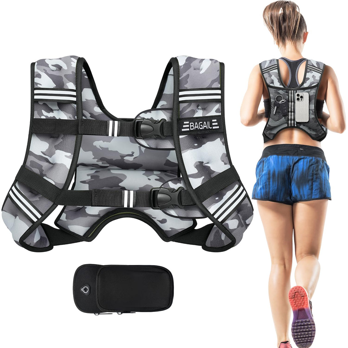 BAGAIL Weighted Vest, 5lbs/10lbs/12lbs/15lbs/20lbs/25lbs/30lbs Weight Vest with Detachable Phone Pouch, Rucking Vest for Women, Men, Walking, Weight Loss, Training, Running