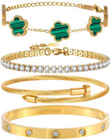 GIVCHO 18K Gold Plated Nail Love Bangle Bracelet Set for Women Stackable Floral Clover Adjustable Tennis Bracelet Non Tarnish Gift Jewelry for Christmas Valentines Birthday Mother's Day (Green)