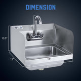 Profeeshaw Stainless Steel Sink Commercial Wall Mount Hand Washing Basin NSF Certified, with Gooseneck Faucet and Side Splash Guard, for Restaurants, Stores, Bars and Home, 17" x 15" …