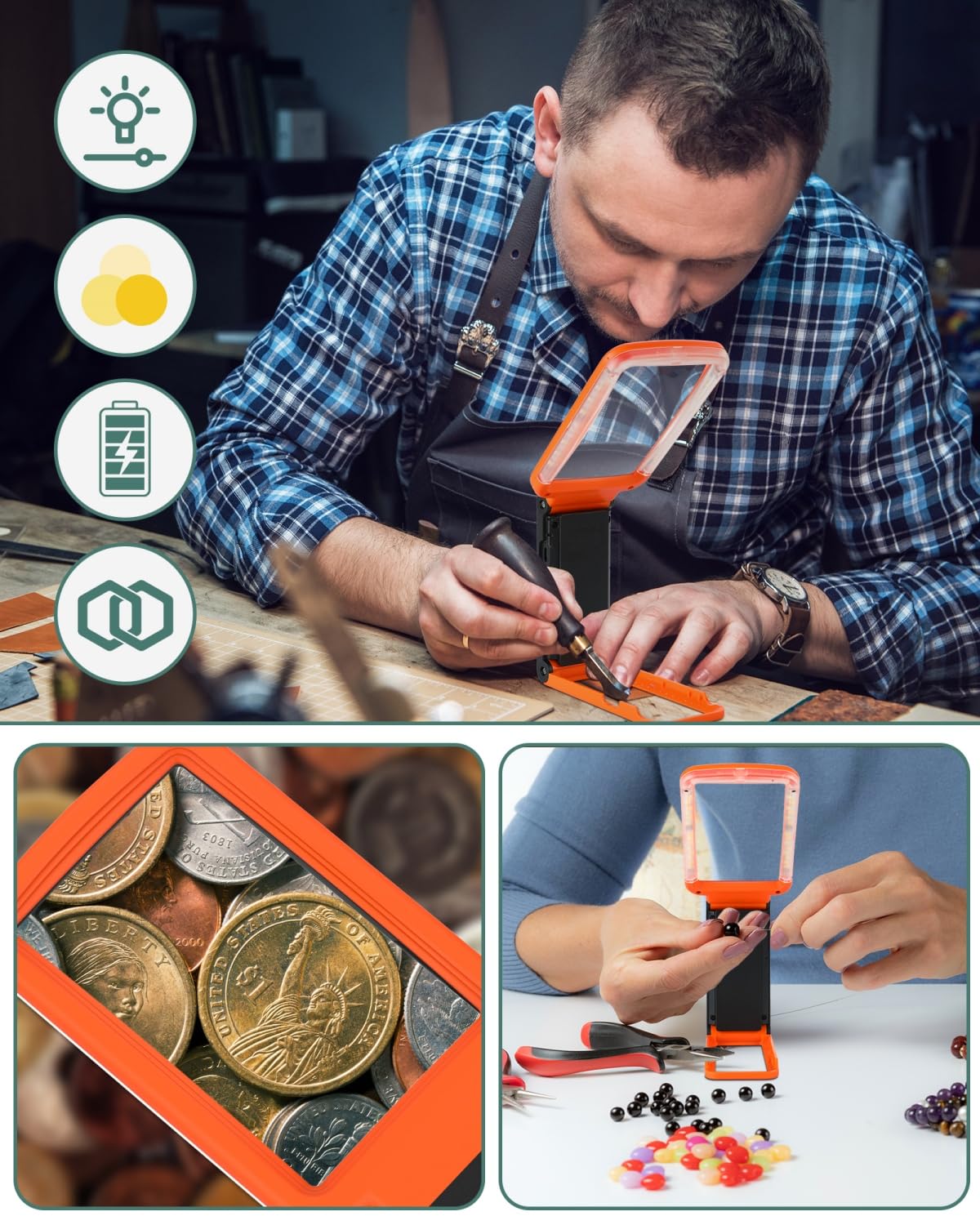 10X Magnifying Glass with Light and Stand, Rechargeable Folding Handheld Real Glass Magnifier, 3 Color Modes Dimmable Lighted Page Magnifier for Reading Small Prints, Seniors with Macular Degeneration