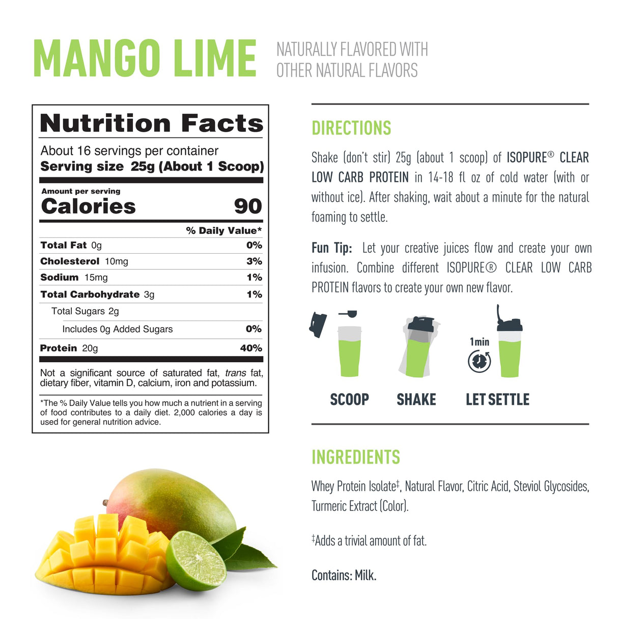 Isopure Clear Whey Isolate Protein Powder, Lactose Free, Gluten Free, Naturally Flavored, Mango Lime, 20g Protein Per Serving, 14.1 Oz, 16 Servings (Packaging May Vary)