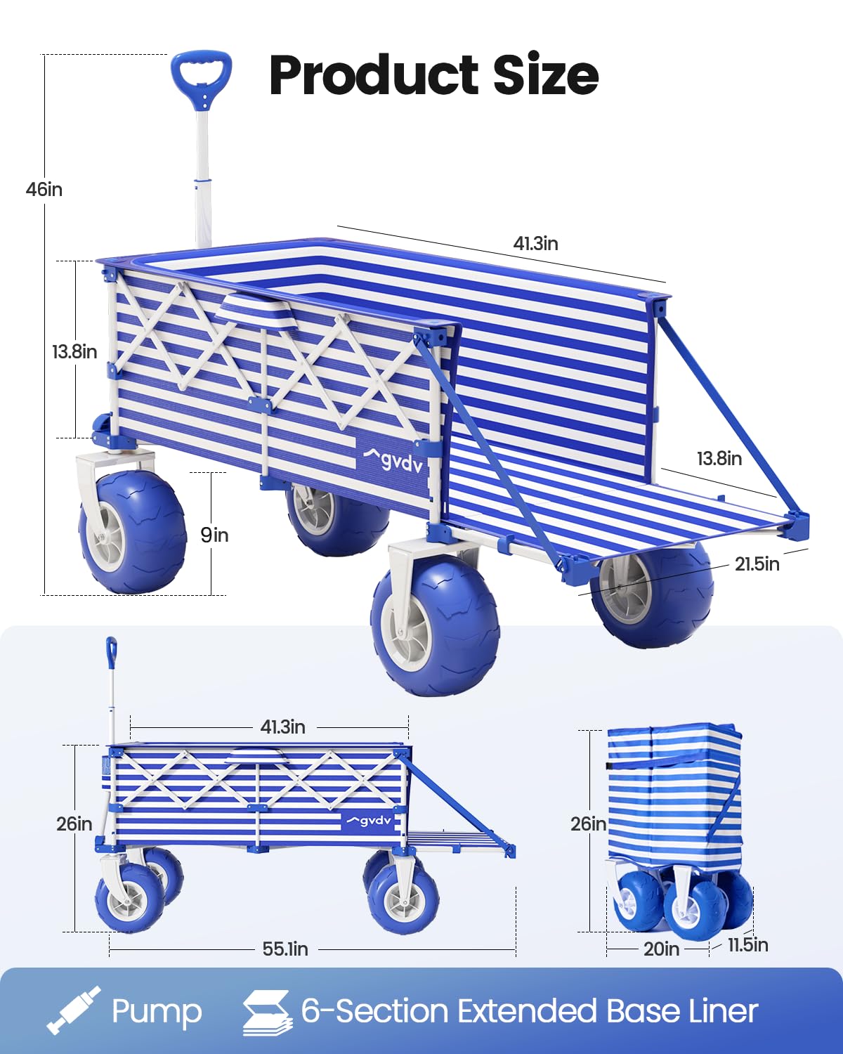 GVDV CW40 Beach Wagon with 9 in Big Balloon Wheels, Cart with Tailgate