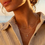 Aobei Pearl 18K Gold Paperclip Chain Necklace Fashion CZ Pave Oval Screw Lock Carabiner Clasp Pendant Necklace Geometric Link Chain Layering Jewelry for Women