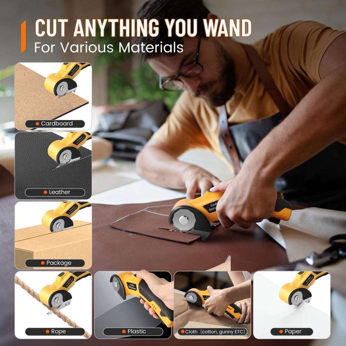 Electric Scissors, Cardboard Cutter, With LED Light, High-Efficiency Brushless Motor, 2000mAh Battery, Tungsten Steel Blade, Suitable for Cloth, Cardboard, Carpet Wire Rope Cutters Yellow