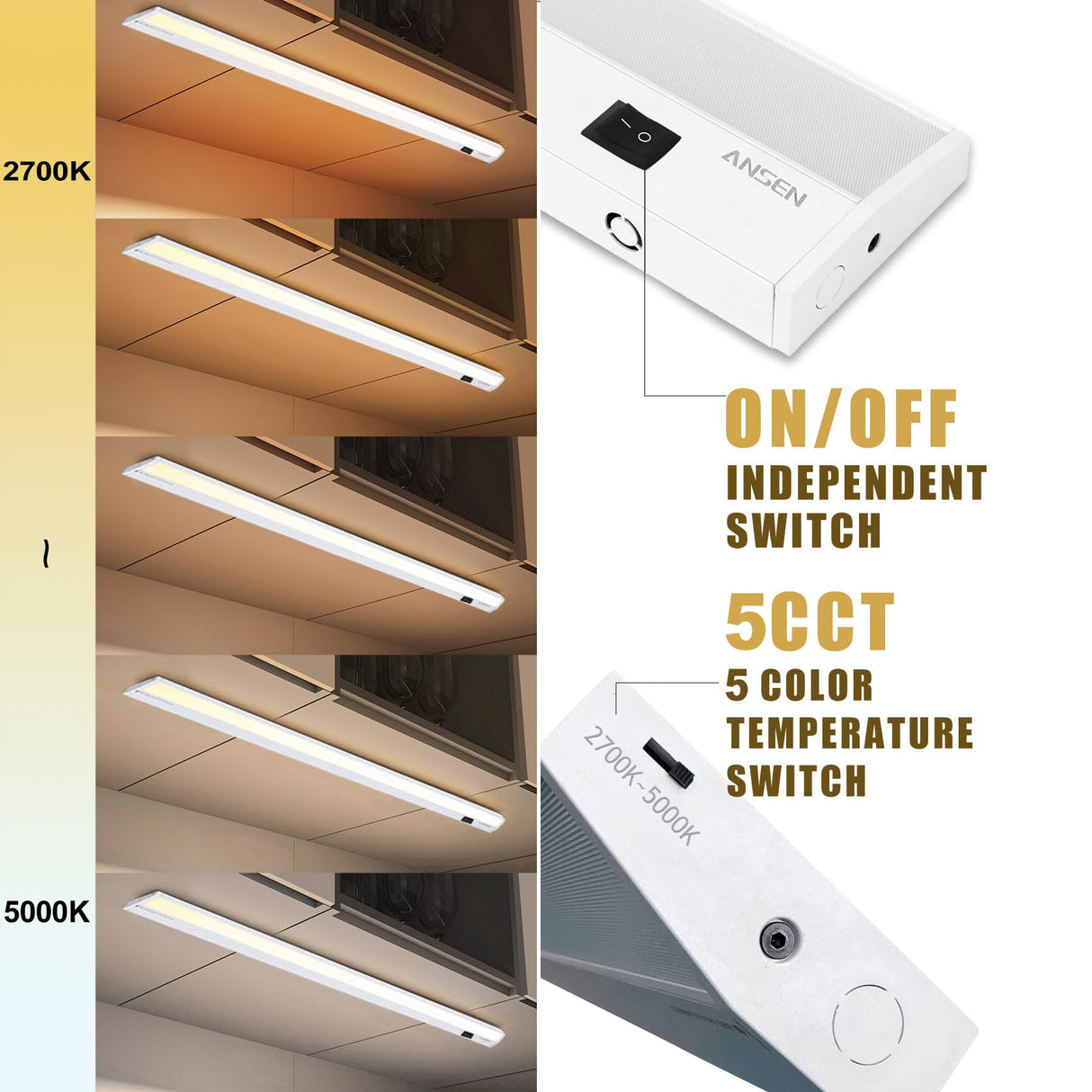Ansen Hardwired Under Cabinet Lighting, 24in 18W LED Light for Kitchen/Closet, 1237lm, CRI>92, R9>90, 5 Color Temperature, Dimmable, 2700K-5000K(Warm White, Cool White, Daylight)