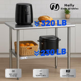 Hally Stainless Steel Table for Prep & Work 30 x 15 Inches, NSF Commercial Heavy Duty Table with Undershelf and Galvanized Legs for Restaurant, Home and Hotel