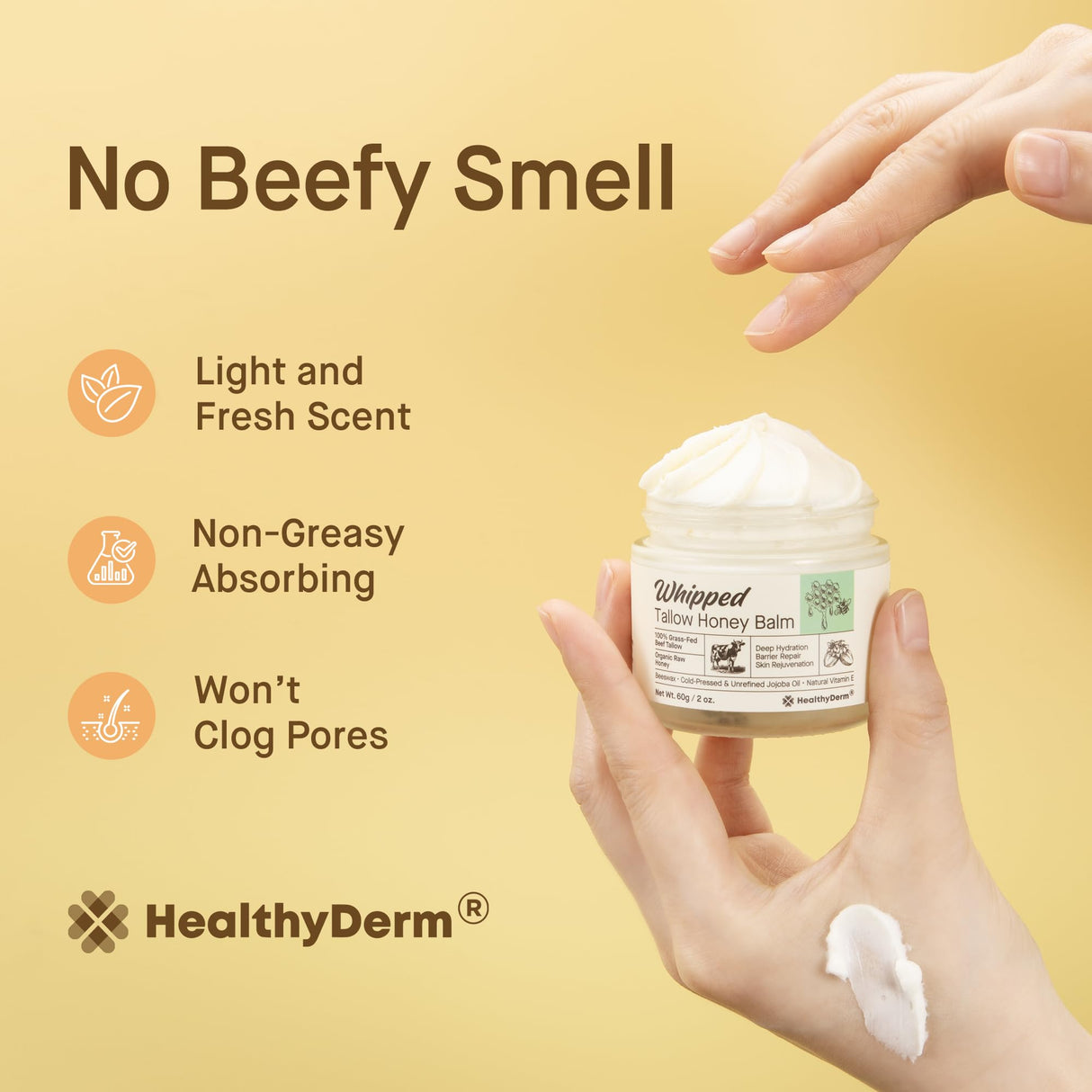 Beef Tallow Honey Balm for Skin: 100% Grass Fed Whipped Organic Moisturizer with Organic Raw Honey, Jojoba Oil, Vitamin E – Natural Face and Body Care for Mature, Dry or Sensitive Skin, 2oz