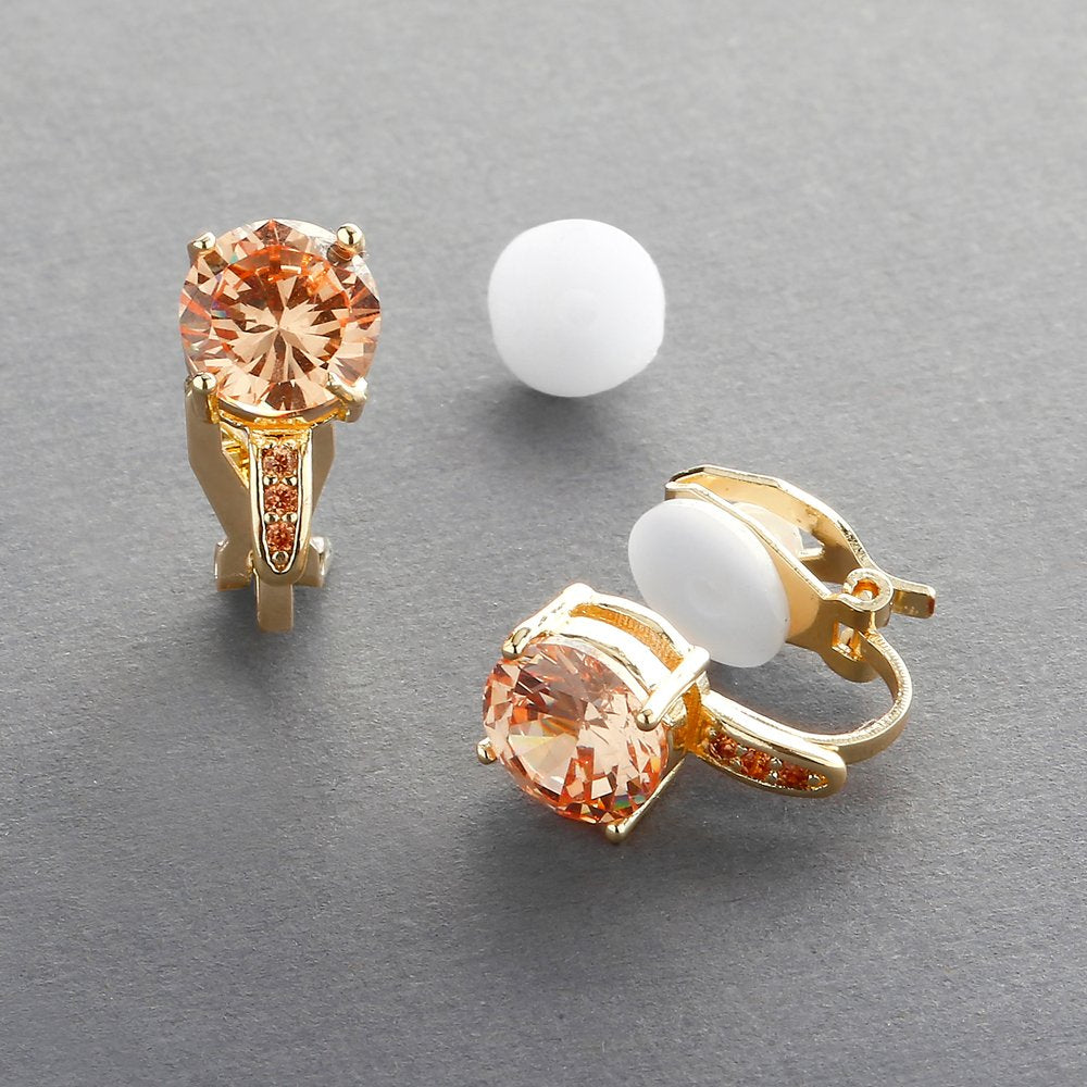 Mariell Champagne 14K Gold Plated Clip-On CZ Crystal Stud Earrings, 2 Carat 8mm Size for Weddings, Brides, Birthday Gift