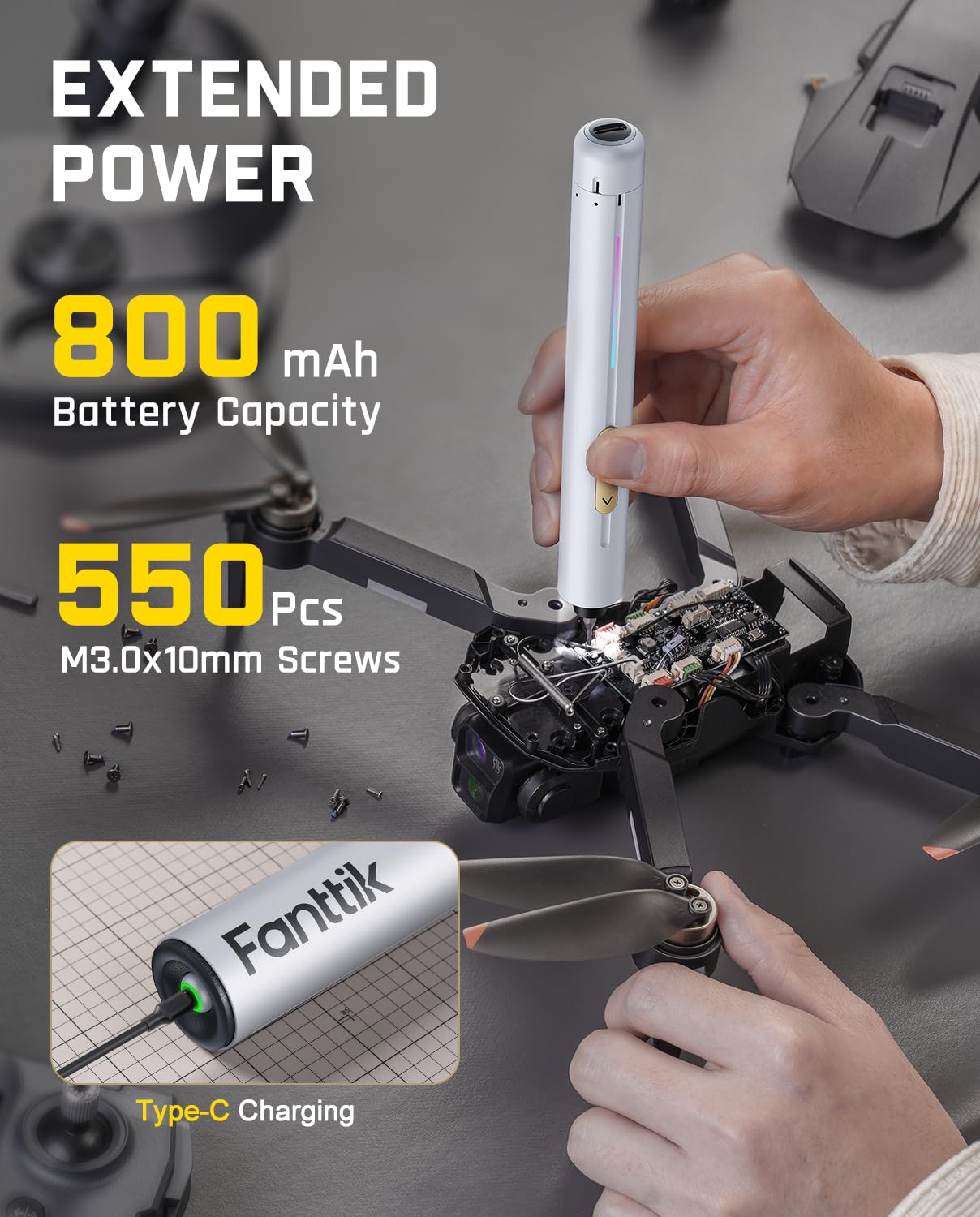 Fanttik E2 Ultra Electric Screwdriver, 0.6N.m Mini Screwdriver Set, 50 Magnetic Bits, 5/32'' Precision Screwdriver for Laptop, PC, Phone, 3D Printer, RC Cars, Electronics Repair Tools for Dad (White)