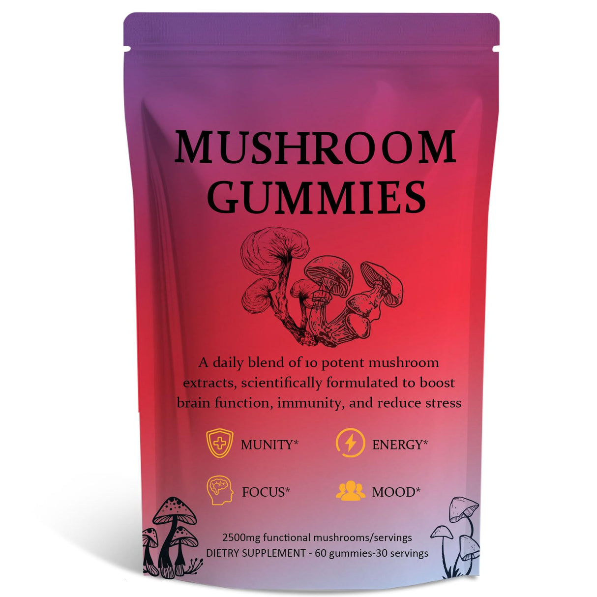 Sky Nutrition Mushroom Gummies - Immune Support & Energy Boost, 12 Mushroom Blend, Mushroom Supplement for Men & Women, Vegan - 60 Gummies
