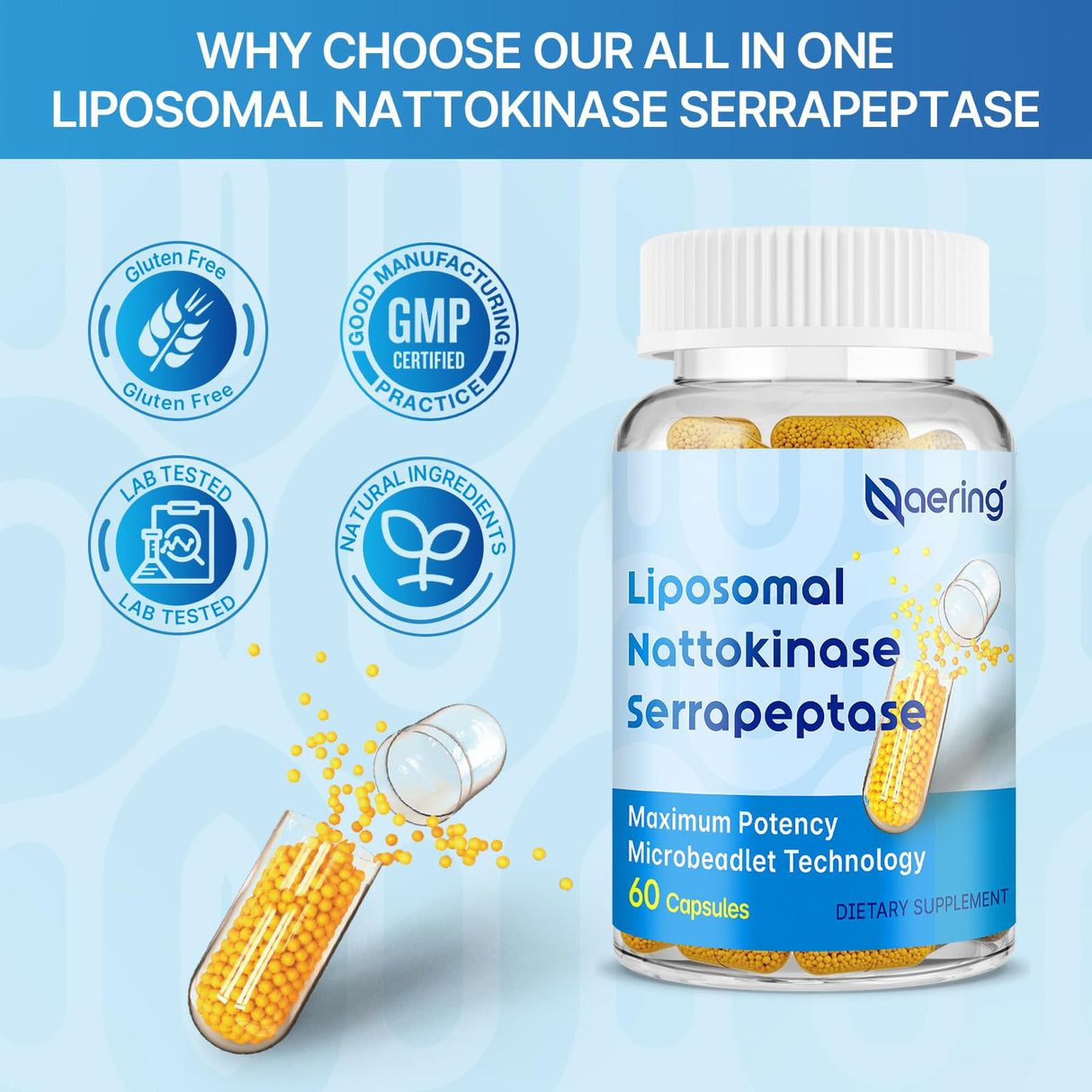 Liposomal Nattokinase 12,000 FU Serrapeptase 360,000 SPU Enzyme Supplement - Enriched with Synergistic Enzymes and Nutrient Blend & Inulin for Circulatory, Gut, Digestion 60 Capsules (1 Bottle)