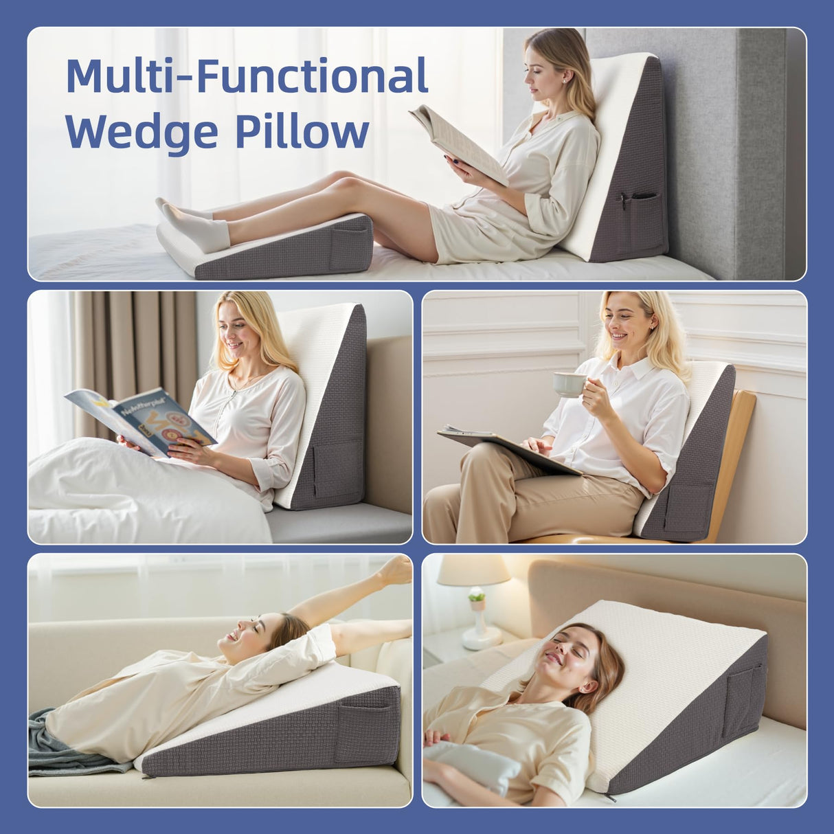 Wedge Pillow for Headboard, 7.5’’ Triangle Elevated Bed Wedge Pillow for Acid Reflux Relief, Sleeping, Post Surgery, Back Pain Relief, Snoring, Soft Memory Foam Top & Washable Breathable Cover, Grey