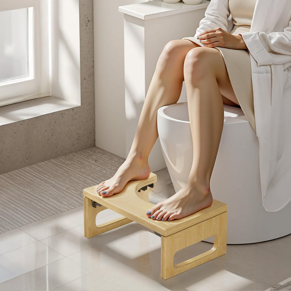 AmazerBath 7 Inches Bamboo Toilet Stool Squat for Adult, Foldable Squatting Potty Stool for Bathroom, Poop Step Stool with Non-Slip Strip, Space-Saving, No Assembly Required, Natural Color