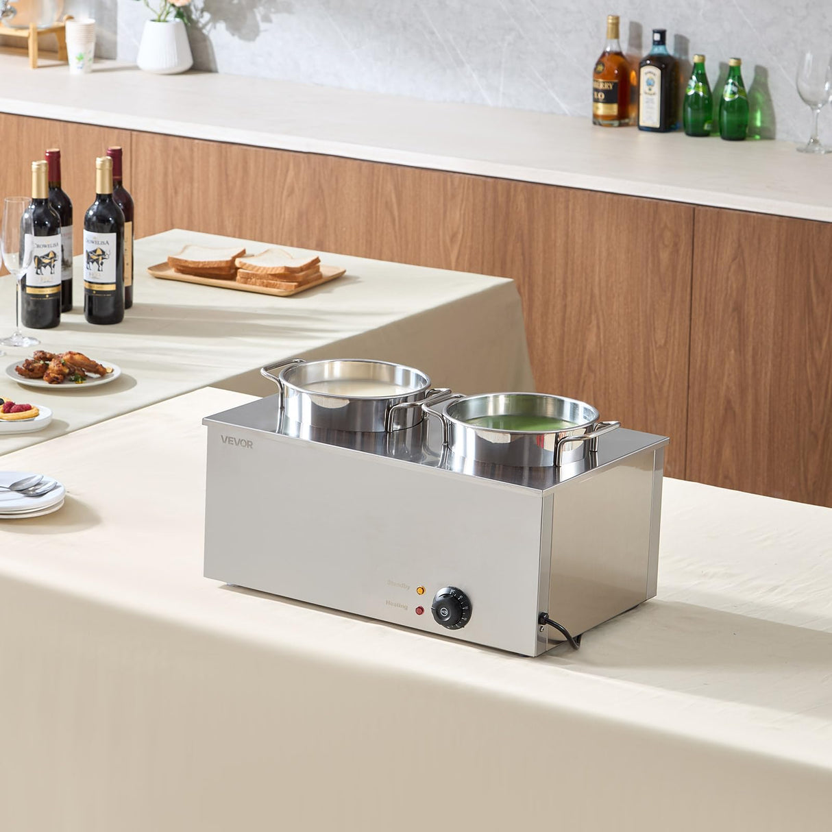 VEVOR Electric Soup Warmer, Two 6.34QT Stainless Steel Round Pot with 86~185°F Adjustable Temp, 1200W Commercial Bain Marie Compatible with Pans, Soup Station for Restaurant, Buffet