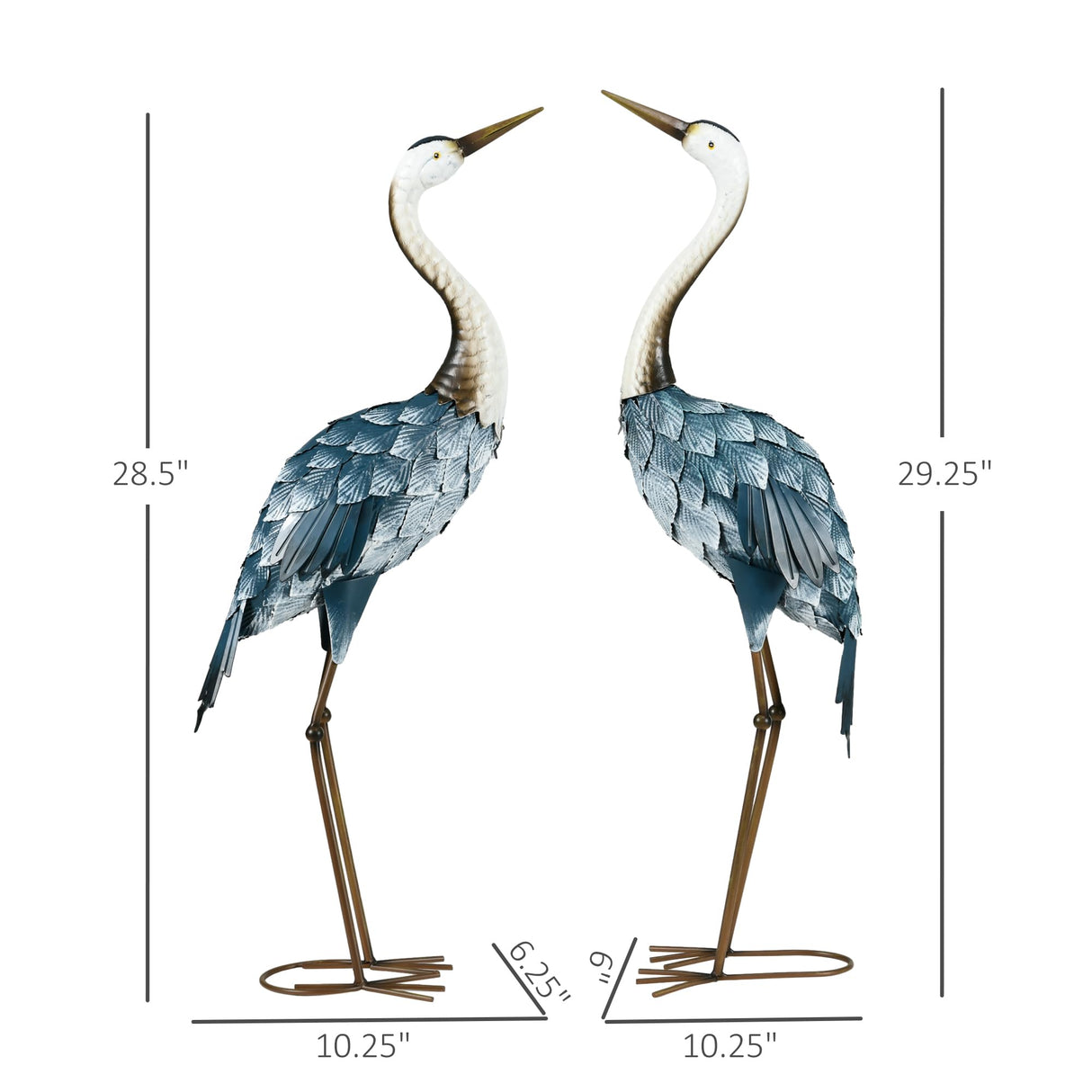 Outsunny Crane Garden Statues, 28.5" & 29" Standing Bird Sculptures, Metal Yard Art Decor for Lawn, Patio, Backyard, Landscape Decoration Set of 2, Blue & White