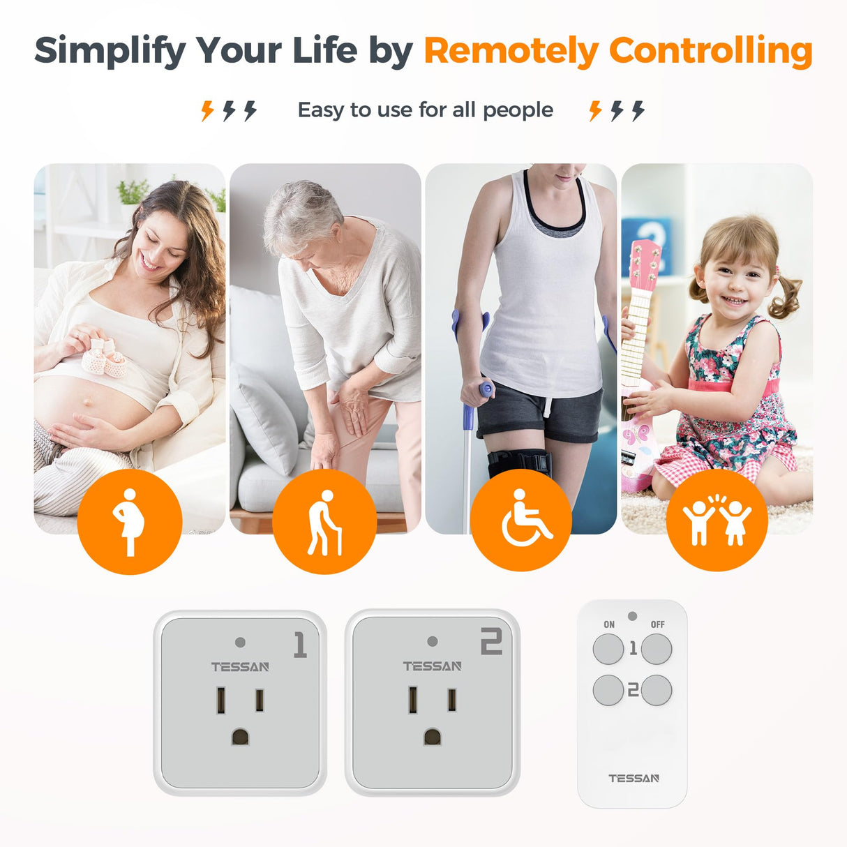 Remote Control Outlet Plug, TESSAN Wireless Light Switch Kit 100ft RF Range, On Off Switch for String Lights, Lamps, Small Appliances, Wireless Power Socket, 15A/1875W (1 Remote and 2 Outlets)