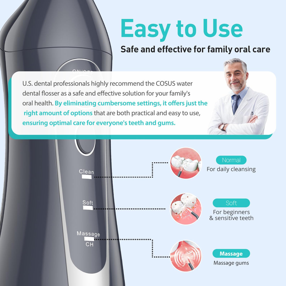 COSLUS Water Dental Flosser Teeth Pick: Portable Cordless Oral Irrigator 300ML Rechargeable Travel Irrigation Cleaner IPX7 Waterproof Electric Flossing Machine for Teeth Cleaning C20(F5020E) Grey