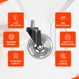 Office Chair Wheels Set of 5 – 3 Inch Roller Blade Wheels Office Chairs, Office Chair casters Desk & Gaming Chair – Quiet for Carpet, Hardwood & Wood Floors - Not for IKEA