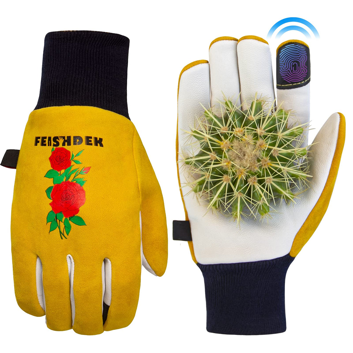 FEISHDEK Cactus Gloves Soft Deerskin Women Gardening Glove Thorn Proof for Cacti Handling (Large - Short Sleeve, Yellow)