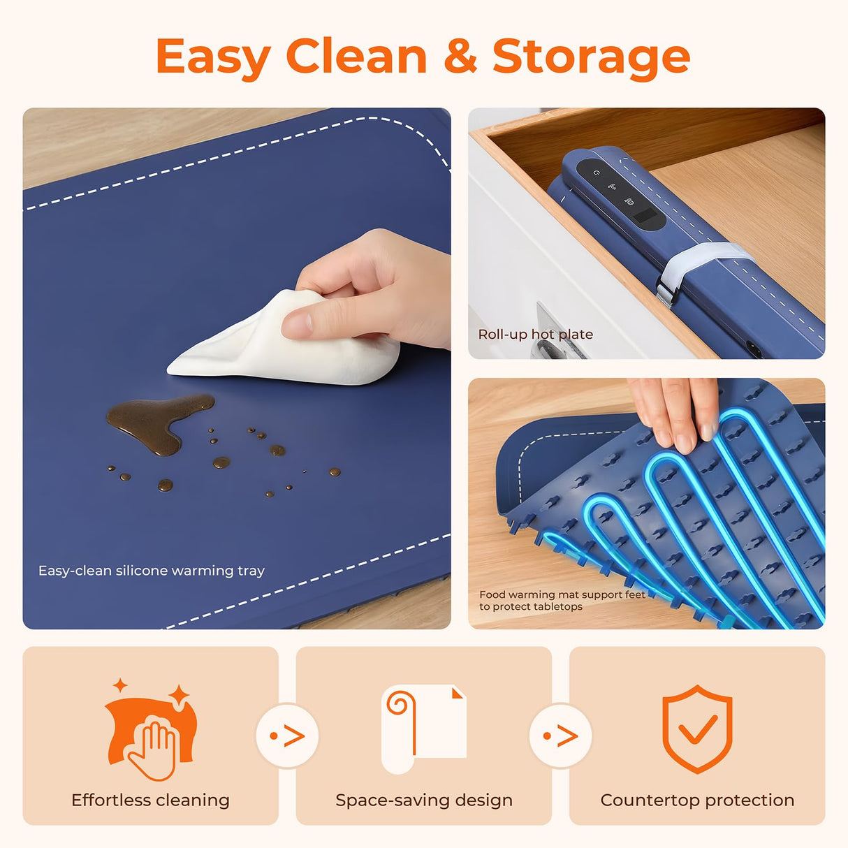 Compact Warming mat for Food, Touchscreen with 6-Temp & Timer Control, Foldable Food Warmer Mat for Coffee Tables, Breakfast Bars & Small Gatherings | Ideal Kitchen Gift (Graphene Heating, Blue)