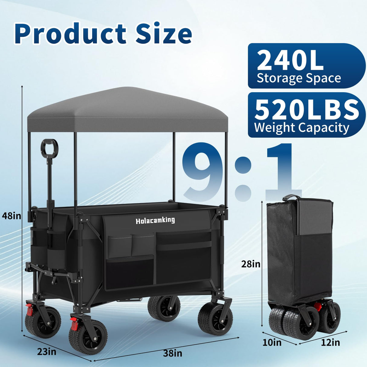 Holacamking Collapsible Canopy Wagon Cart, Heavy Duty Utility Wagon with Removable Sun Cover, All-Terrain Big Wheels, Dual Brakes, Extra Large Grocery Cart for Beach Camping Sports Tailgates, Black