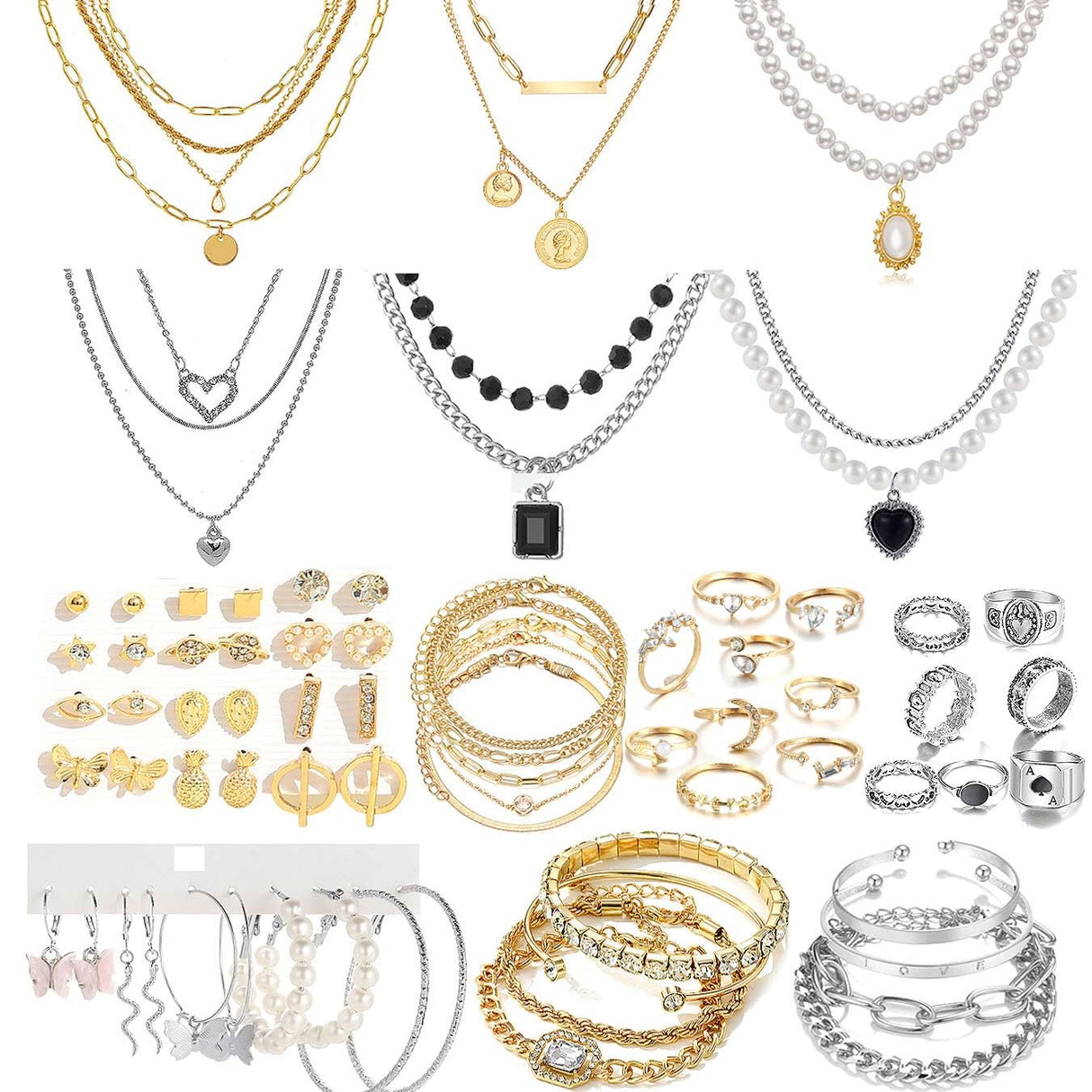 CONGYING 65 Pcs Gold Jewelry Set with 6Pcs Layered Necklace, 11 Pcs anklet and 7Pcs Earring Ear Cuff,11Hoop Earrings,15pcs Rings,15pcs stud earrings Jewerly set for Women Pack for Party GiftL