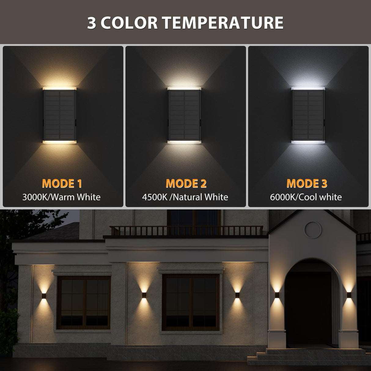 UGDLUCK Solar Wall Light Outdoor,3000/4000/6000K 3 Modes Dusk to Dawn Lighting Wall Sconce IP67 Waterproof Up and Down Solar Lights Outdoor for House, Garage, Porch,Doorway (2 Pack)