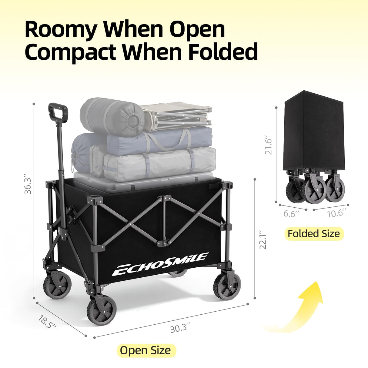 EchoSmile Easy Collapsible Wagon Cart, Folding for Grocery & Camping, Black