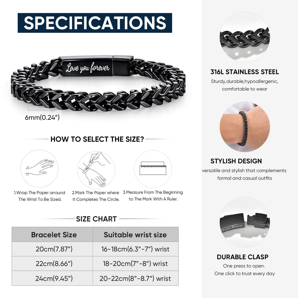 MEALGUET Black Chain Bracelets for Dad : To my Dad Stainless Steel Franco Chains Love you Forever Engraved Link Men's Bracelet to Daddy from Daughter Son, Sentimental Father's Day Birthday Gifts, M