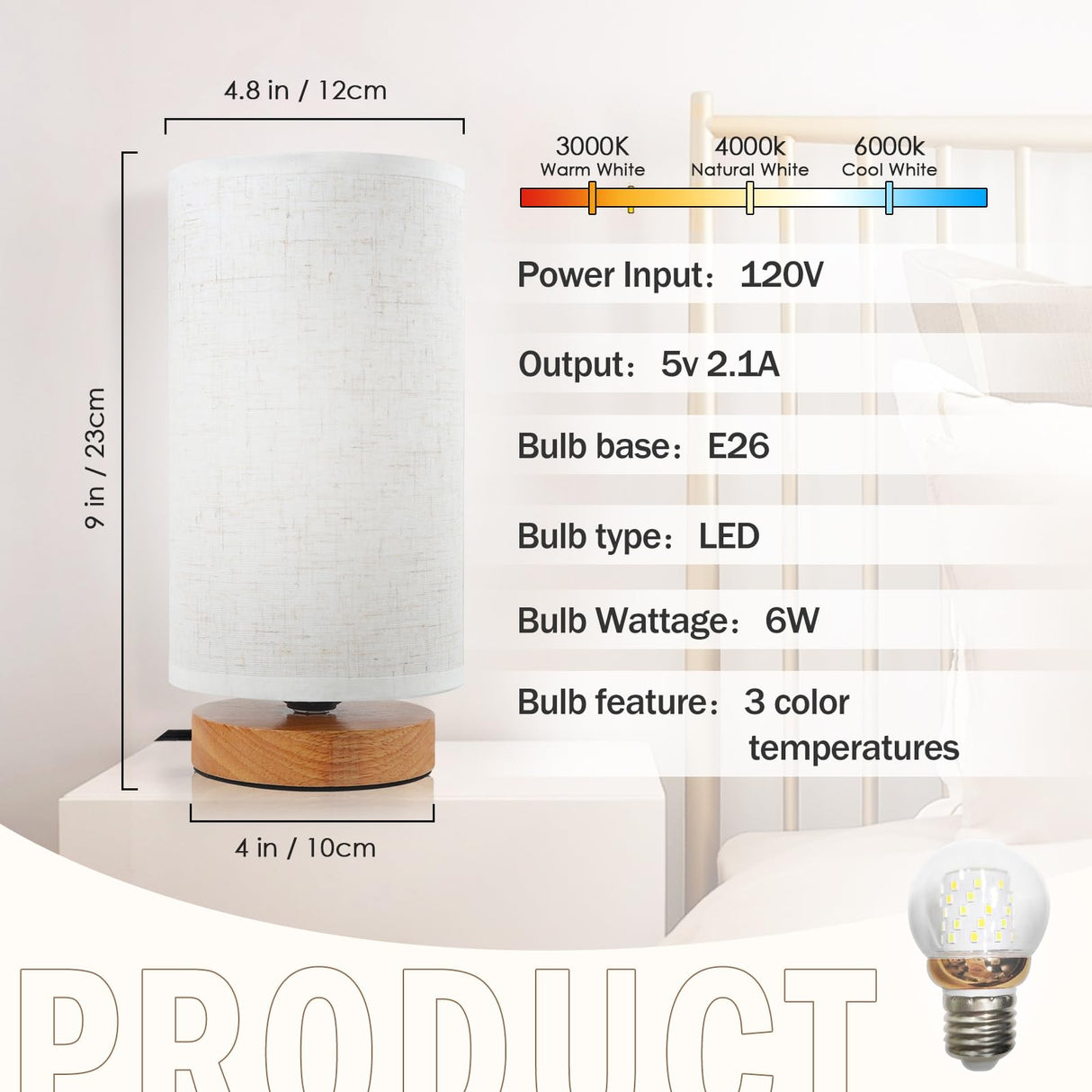 6.3in Bedside Table Lamp for Bedroom, Minimalist Nightstand Lamp with Round Fabric Linen Shade,Study Reading Desk Lamp for Kids Room, Night Table Lamp for Living Room, College Dorm, Home, Office