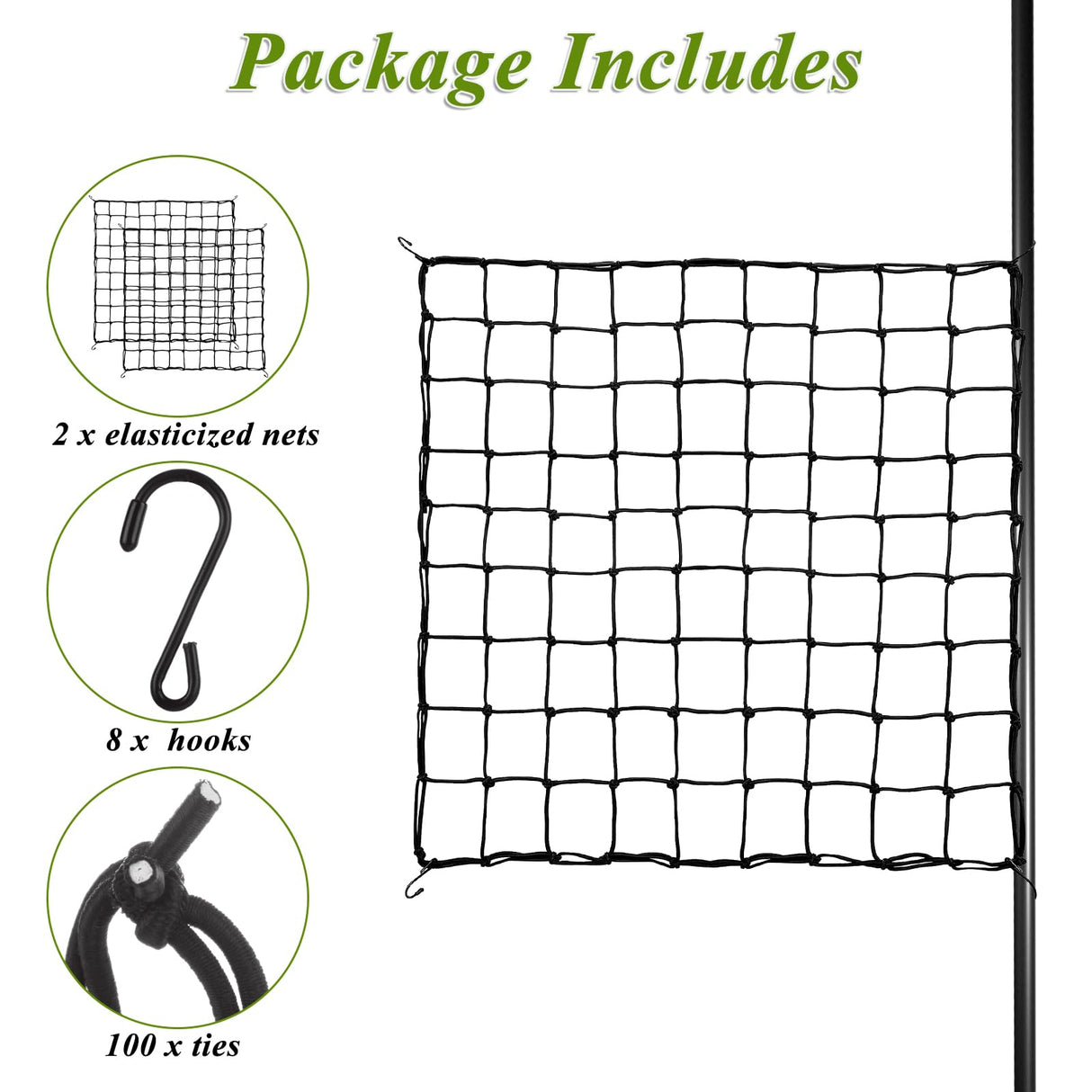 GBACHOOSE 2 Pack 5x5 ft Elastic Trellis Netting for Grow Tent, Heavy Duty Plant Support Net with Steel Hooks and 100 Zip Ties, Black Garden Trellis Net for Tomatoes, Cucumbers, Vines