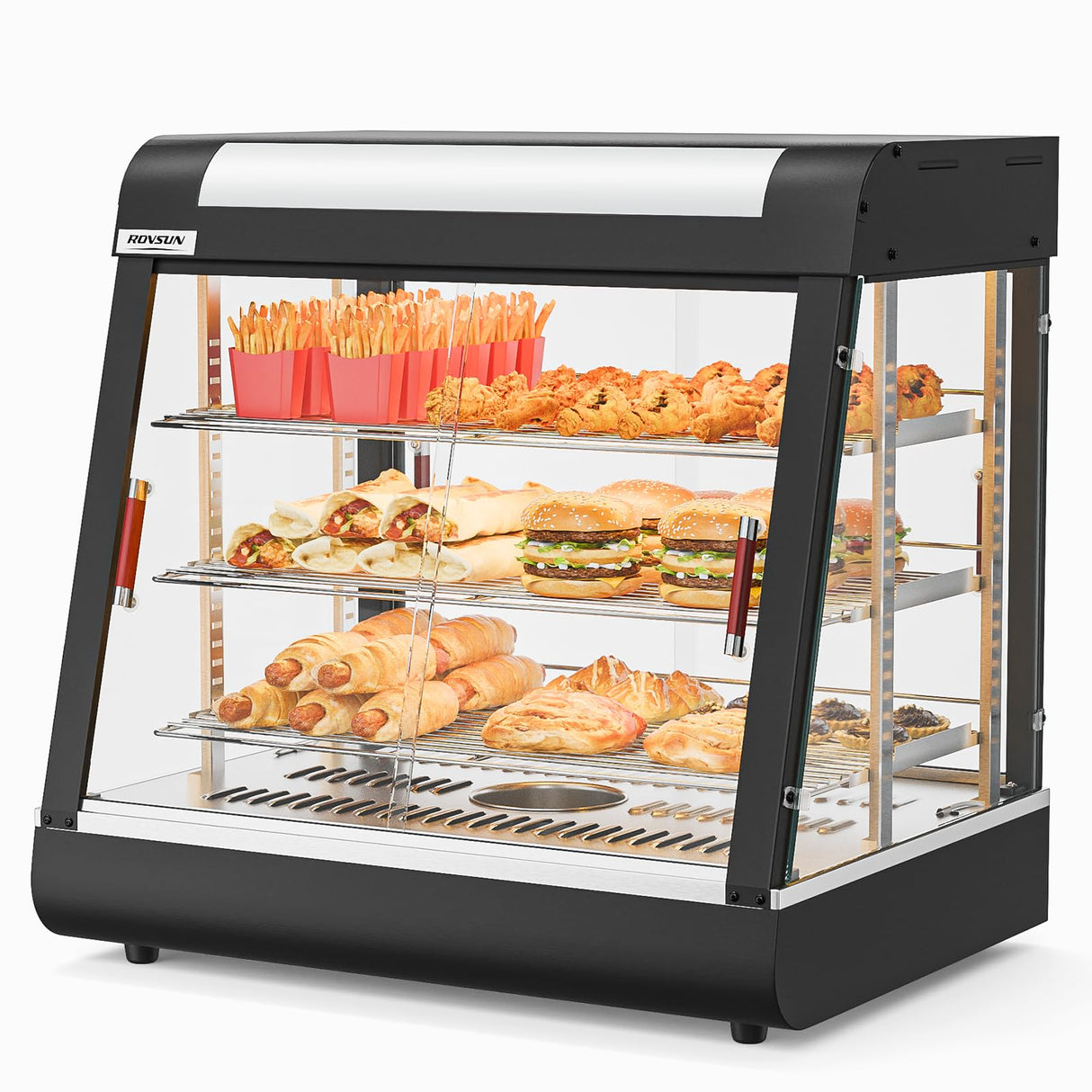 ROVSUN 26" Commercial Food Warmer Display Pizza Warmer, 3-Tier Electric Countertop Food Warmer w/LED Lighting, Adjustable Removable Shelves & Glass Door, Pretzel Warmer for Buffet Restaurant 1200W