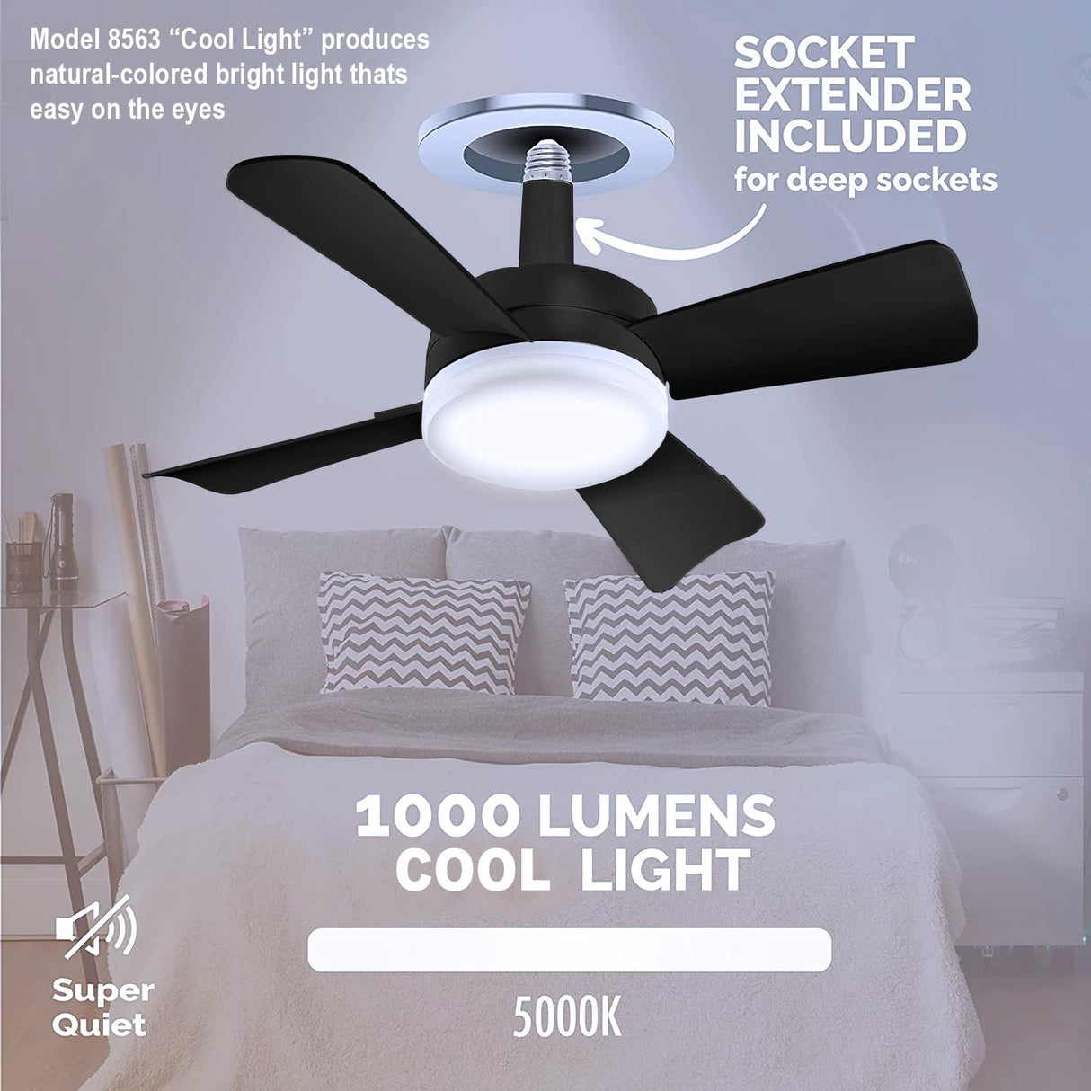 Bell+Howell Socket Breeze Deluxe, Small Ceiling Fan with LED Light and Remote, Adjustable Speeds and Brightness, Light Socket Fan for Bedroom, Kitchen, Living Room, 1000 Lumens