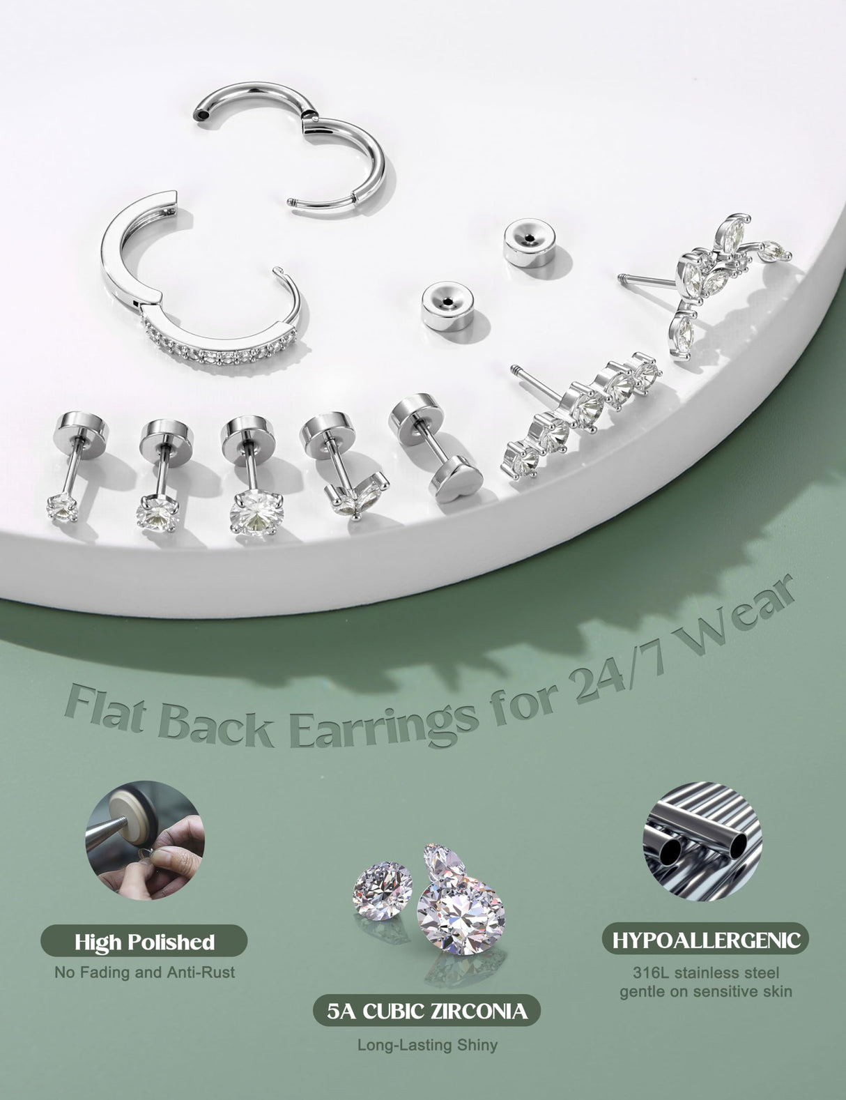LOLIAS Hypoallergenic Flat Back Earrings Cartilage Earring Stacks - Surgical Steel Earrings for Sensitive Ears - Small Stainless Steel Flatback Stud Hoop Earring Sets for Helix Tragus Conch Daith Multiple Piercing Jewelry Trendy Silver