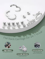 LOLIAS Hypoallergenic Flat Back Earrings Cartilage Earring Stacks - Surgical Steel Earrings for Sensitive Ears - Small Stainless Steel Flatback Stud Hoop Earring Sets for Helix Tragus Conch Daith Multiple Piercing Jewelry Trendy Silver