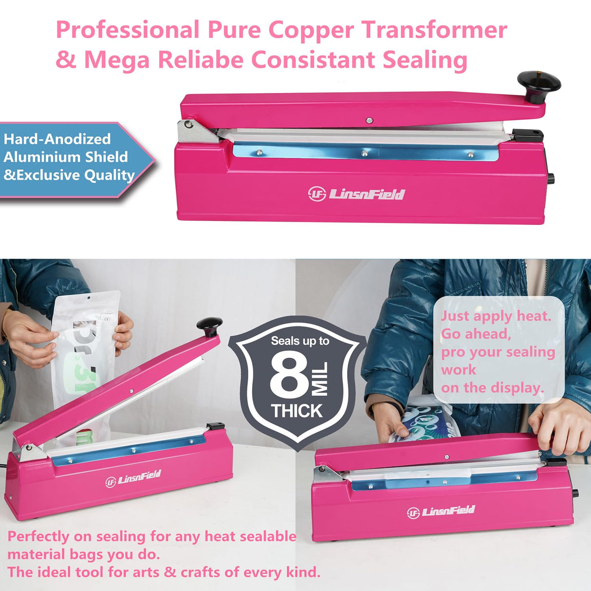 LinsnField Sealer Pro, Patented 8-inch Impulse Heat Sealer, 2-mm Sealing Width Super Heavy Duty Bag Sealing Machine with Extra 2 Replacements, 1Fuse Included, Dragon Fruit