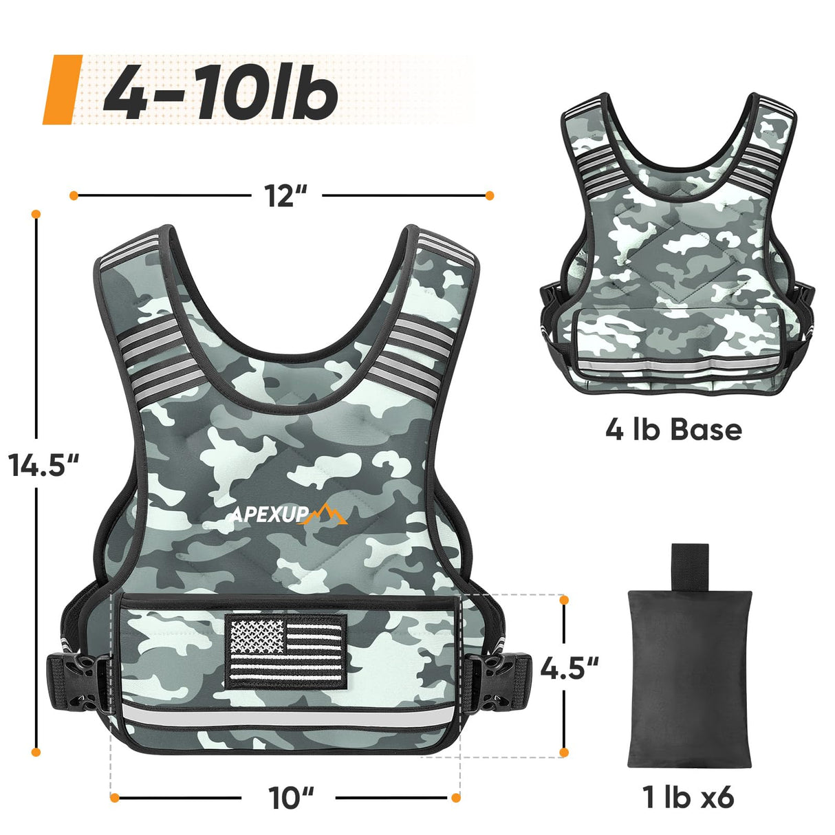 APEXUP Adjustable Weighted Vest, 4-10lb/12-18lb/20-32lb Vest with 6 Ironsand Weights and Large Pocket, Weight Vest for Men Women Strength Training, Running, Walking (4-10lb, Grey Camo)