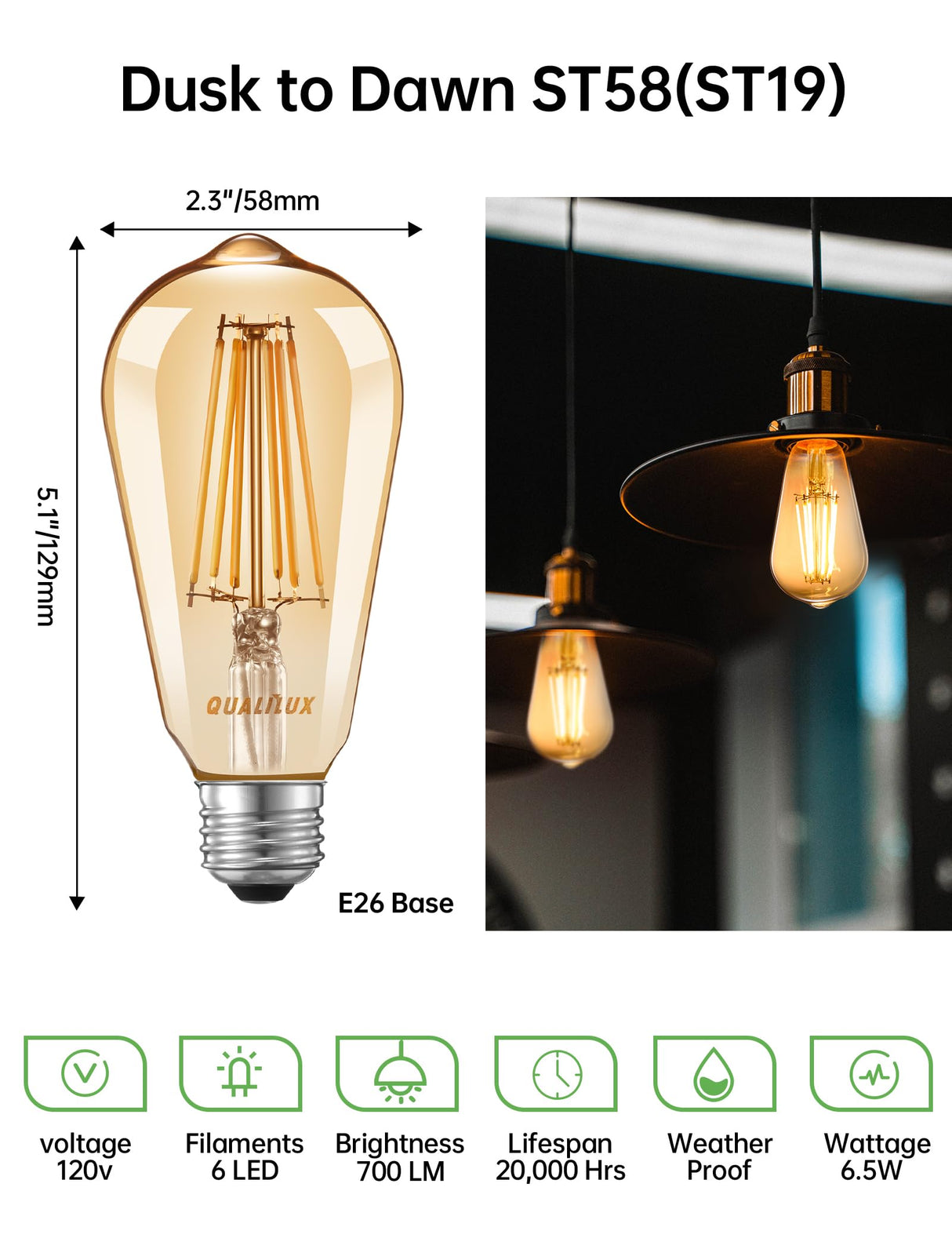 Qualilux Dusk to Dawn ST19 LED Edison Light Bulbs, Vintage Amber Glass, 2300K Amber Warm, 6.5W=60W, Non-Dimmable Auto On/Off Light Sensing LED Filament Bulb Outdoor, 700LM, E26, 2-Pack, HQ-H027