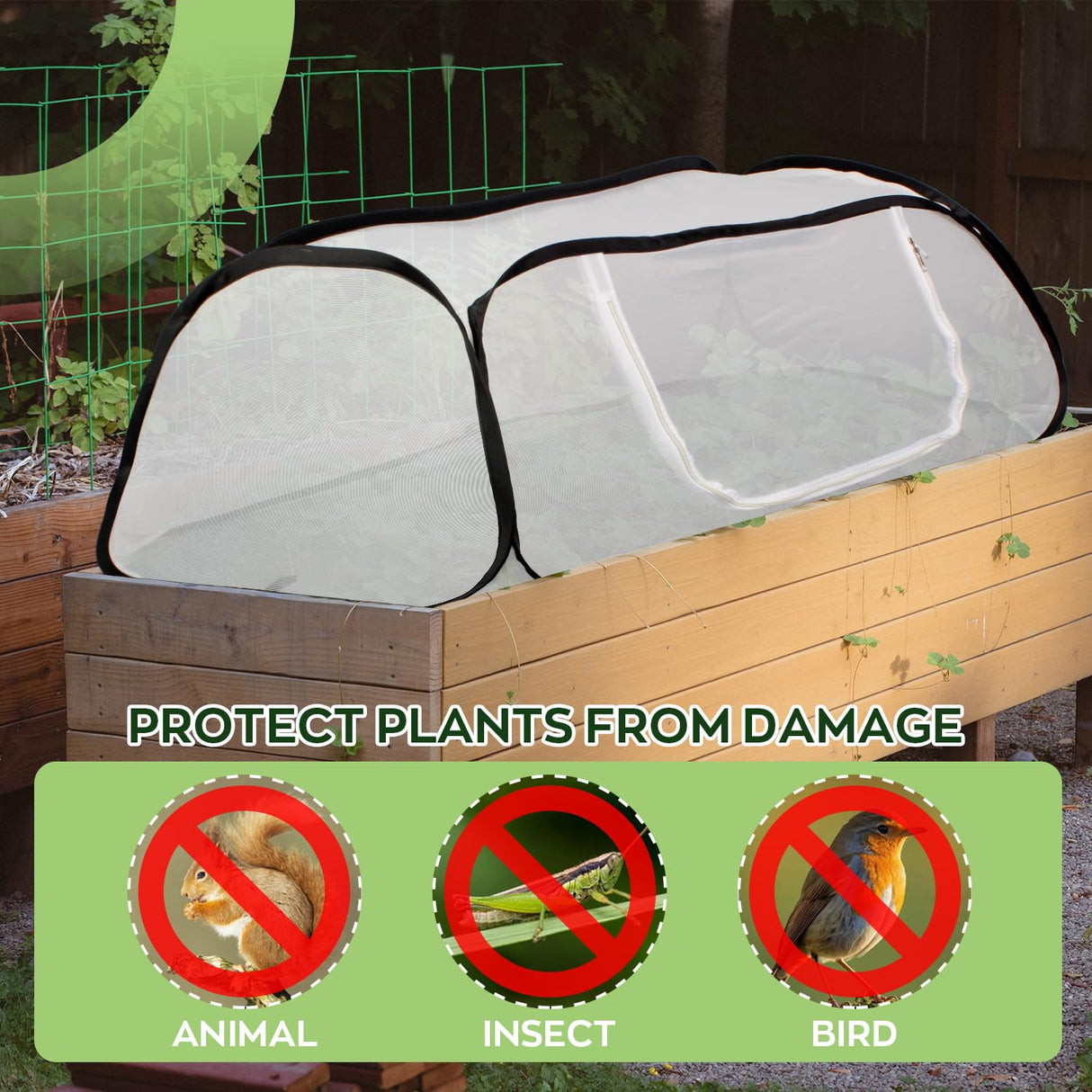 2Pack 45''x22''x18'' Pop Up Raised Garden Bed Cover -Instant Plant Protection Against Bird, Pests & Squirrel，Plant Net Cover for Raised Bed with Zipper Door for Protecting Vegetable Row