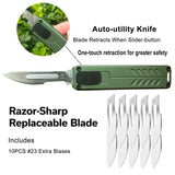Caressolove Automatic Utility Knife, Safety Auto Box Cutter Retractable, EDC Push Button Exacto Scalpel Knife, 10PCS #23 Razor Blades Pocket Knives with Clip