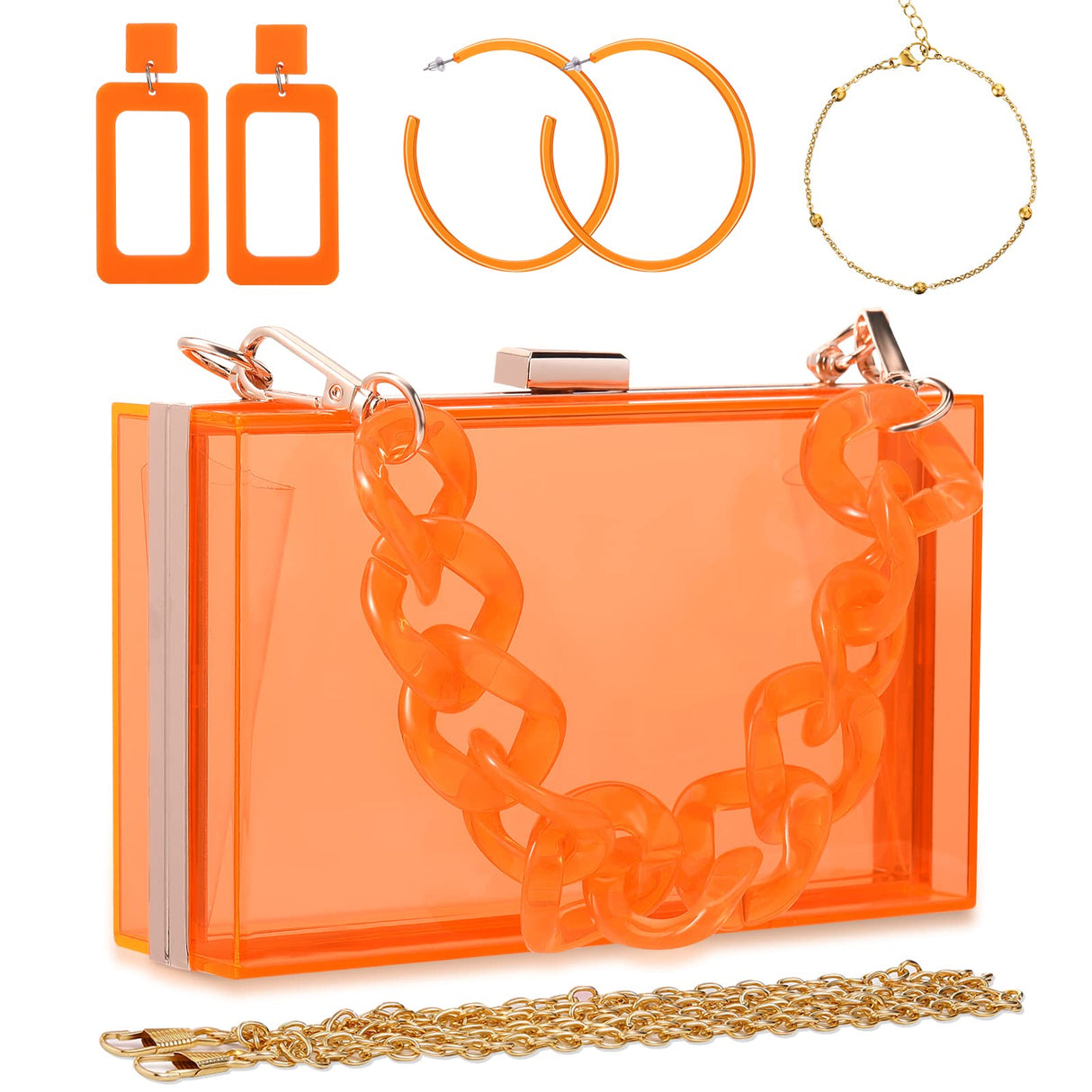 Jadive Orange 4 Pcs Purse Clear Women Acrylic Clutch Hand Bag Evening Retro Earring Bracelet Jewelry Set Neon Vintage Wedding Gift