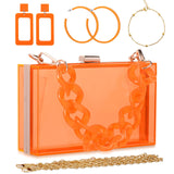 Jadive Orange 4 Pcs Purse Clear Women Acrylic Clutch Hand Bag Evening Retro Earring Bracelet Jewelry Set Neon Vintage Wedding Gift